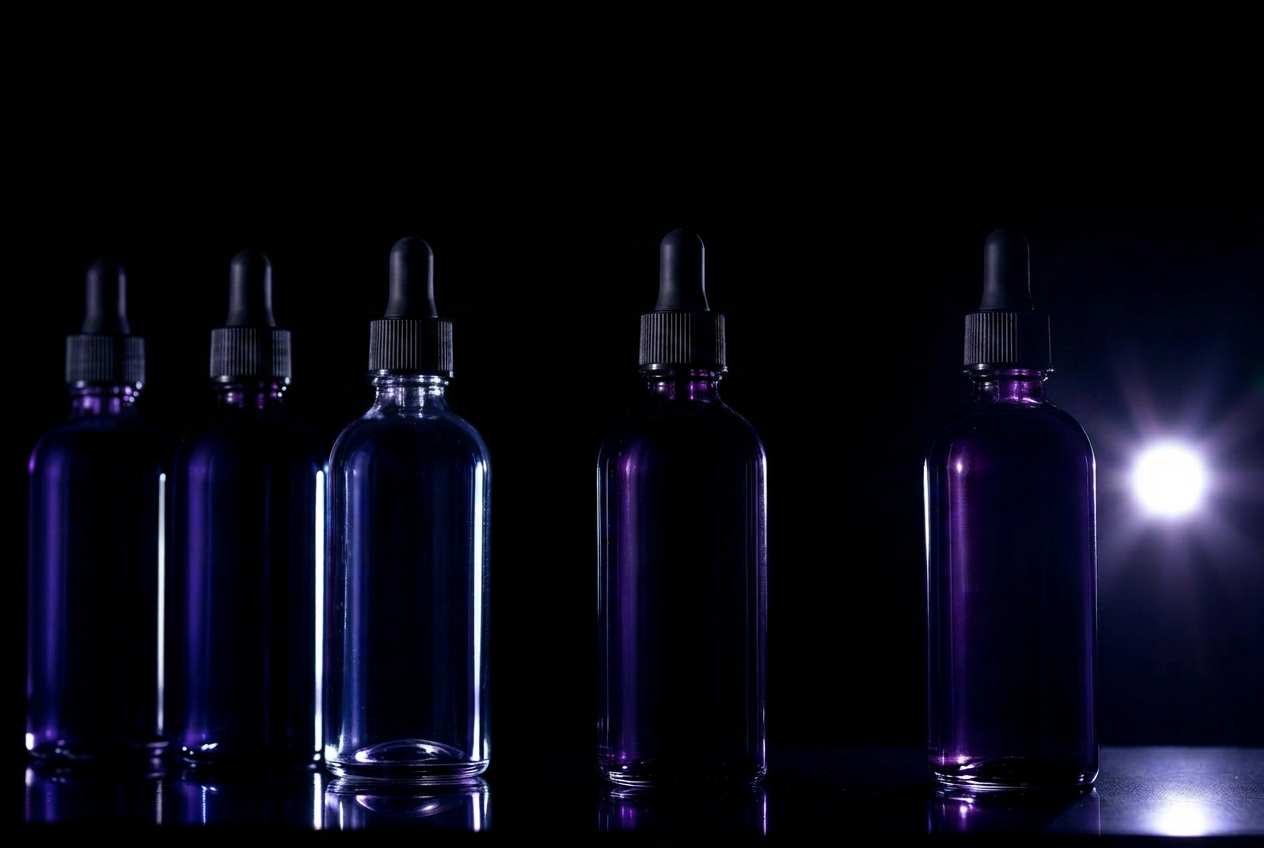 Backlit Miron violet glass bottles