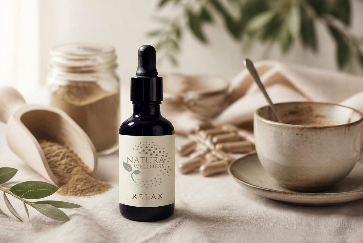 A dark violet tincture bottle beside powders, capsules and a coffee cup, showing the simplicity of tinctures versus other supplement formats